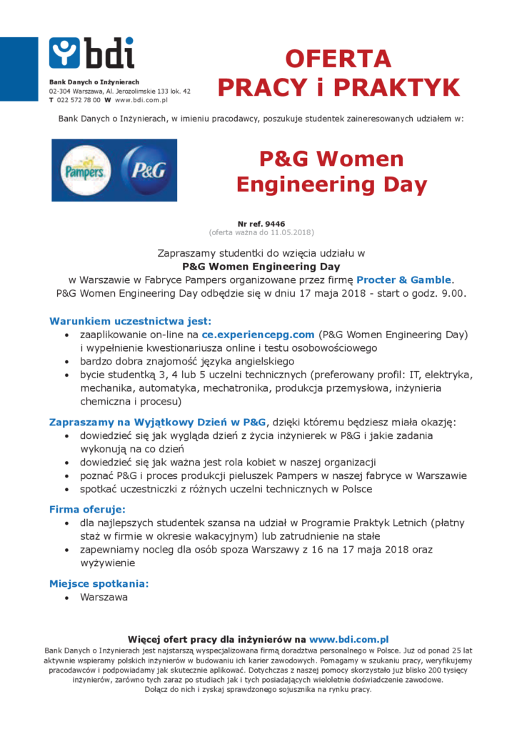 Oferta pracy i praktyk P&G Women Engineering Day. Zaprasza studentki do udziału w dniu 17 maja 2018.