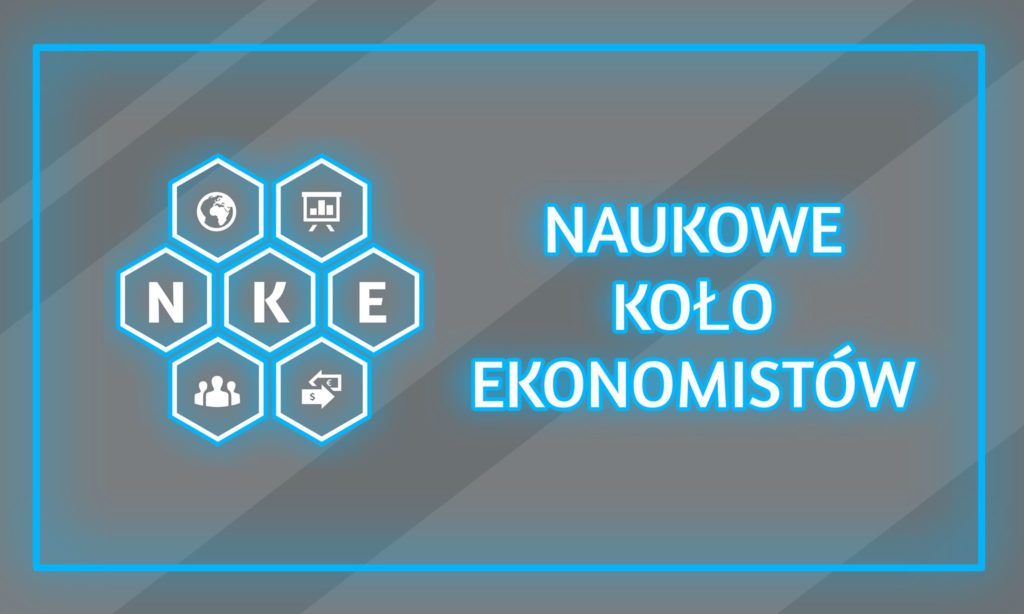 Naukowe Koło Ekonomistów. Ikony: globus, wykres, ludzie, waluta. Kontekst: nazwa organizacji.