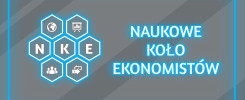Naukowe Koło Ekonomistów. Ikony: globus, wykres, ludzie, waluta. Kontekst: nazwa organizacji.