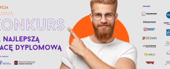 Konkurs na najlepszą pracę dyplomową. Mężczyzna wskazuje na napis. Partnerzy i organizatorzy.