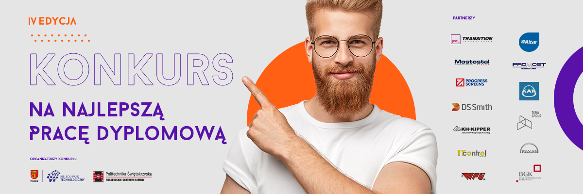 Konkurs na najlepszą pracę dyplomową. Mężczyzna wskazuje na napis. Partnerzy i organizatorzy.