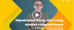 Kobieta w okularach mówi o inżynierii danych. W tle grafika z żółtymi elementami.