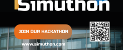 Logo "Simuthon" z napisem "JOIN OUR HACKATHON". Obok kod QR i adres strony.