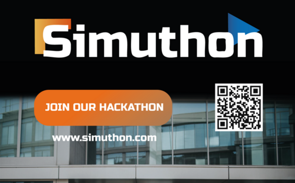 Logo "Simuthon" z napisem "JOIN OUR HACKATHON". Obok kod QR i adres strony.