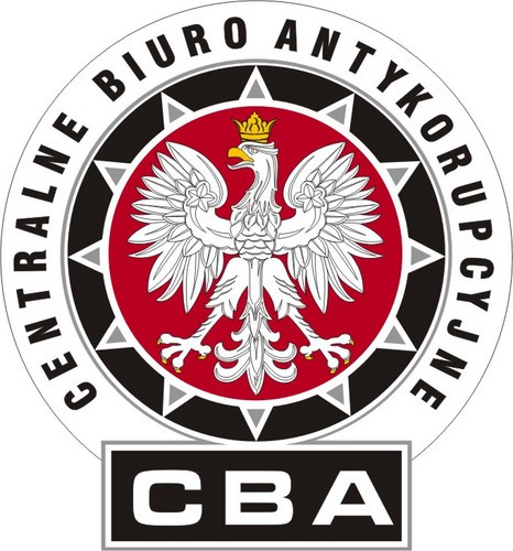Herb Polski z koroną, orzeł biały w koronie, napis "Centralne Biuro Antykorupcyjne" i skrót "CBA".