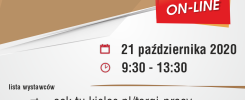 XI Akademickie i młodzieżowe targi pracy online. Kluczowe obiekty: logo uczelni, data, godziny, adresy stron.
