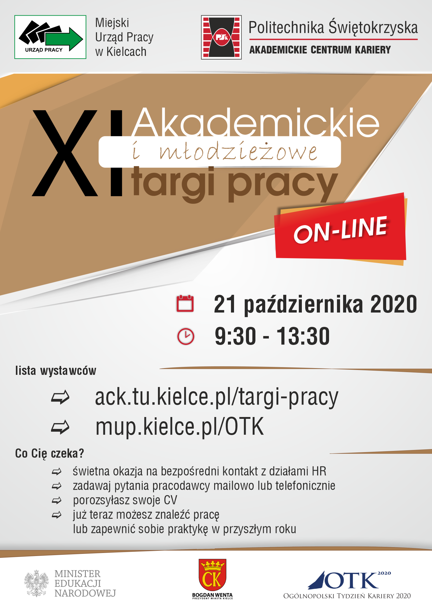 XI Akademickie i młodzieżowe targi pracy online. Kluczowe obiekty: logo uczelni, data, godziny, adresy stron.
