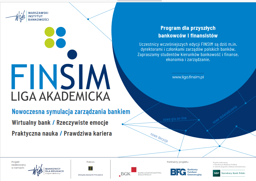 Program FINSIM Liga Akademicka. Symulacja zarządzania bankiem dla studentów. Kluczowe obiekty: logo, tekst, grafika.