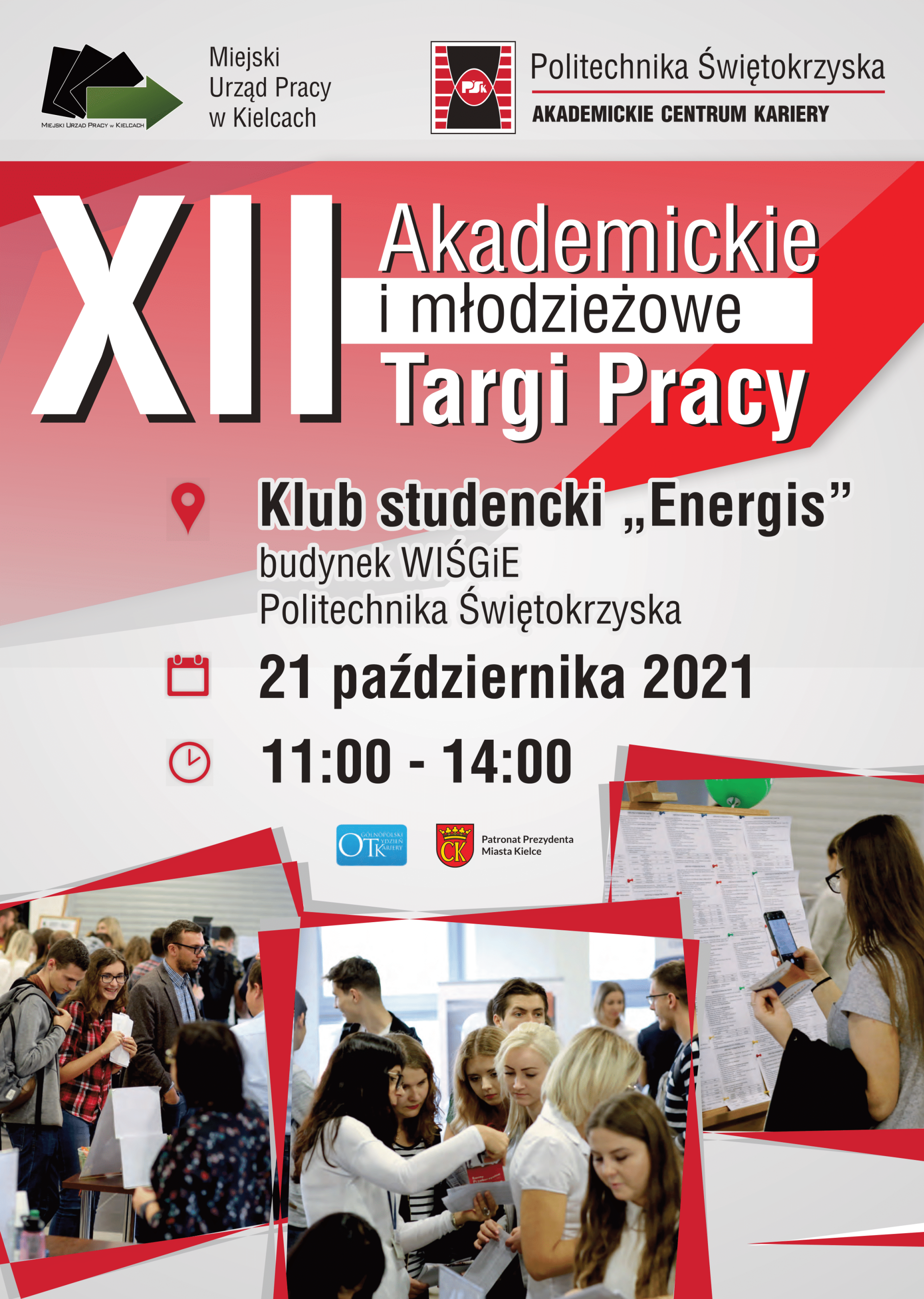 Plakat zapraszający na Akademickie i młodzieżowe Targi Pracy w Kielcach, które odbędą się 21 października 2021.