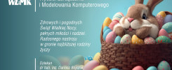Zajączek wielkanocny w koszyku z jajkami. W tle tekst: "Wydział Zarządzania i Modelowania Komputerowego".