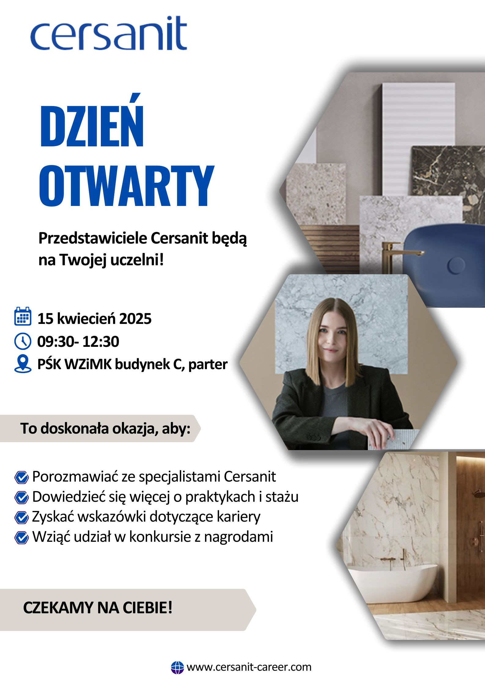 Plakat informuje o Dniu Otwartym Cersanit 15 kwietnia 2025.