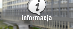 Dymek z literą "i" i napisem "informacja" na tle budynku.