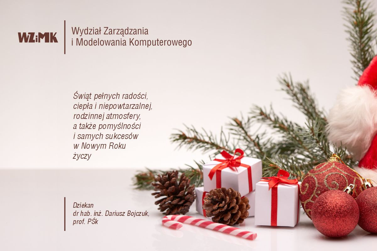 Wizytówka Wydziału Zarządzania i Modelowania Komputerowego z życzeniami świątecznymi.