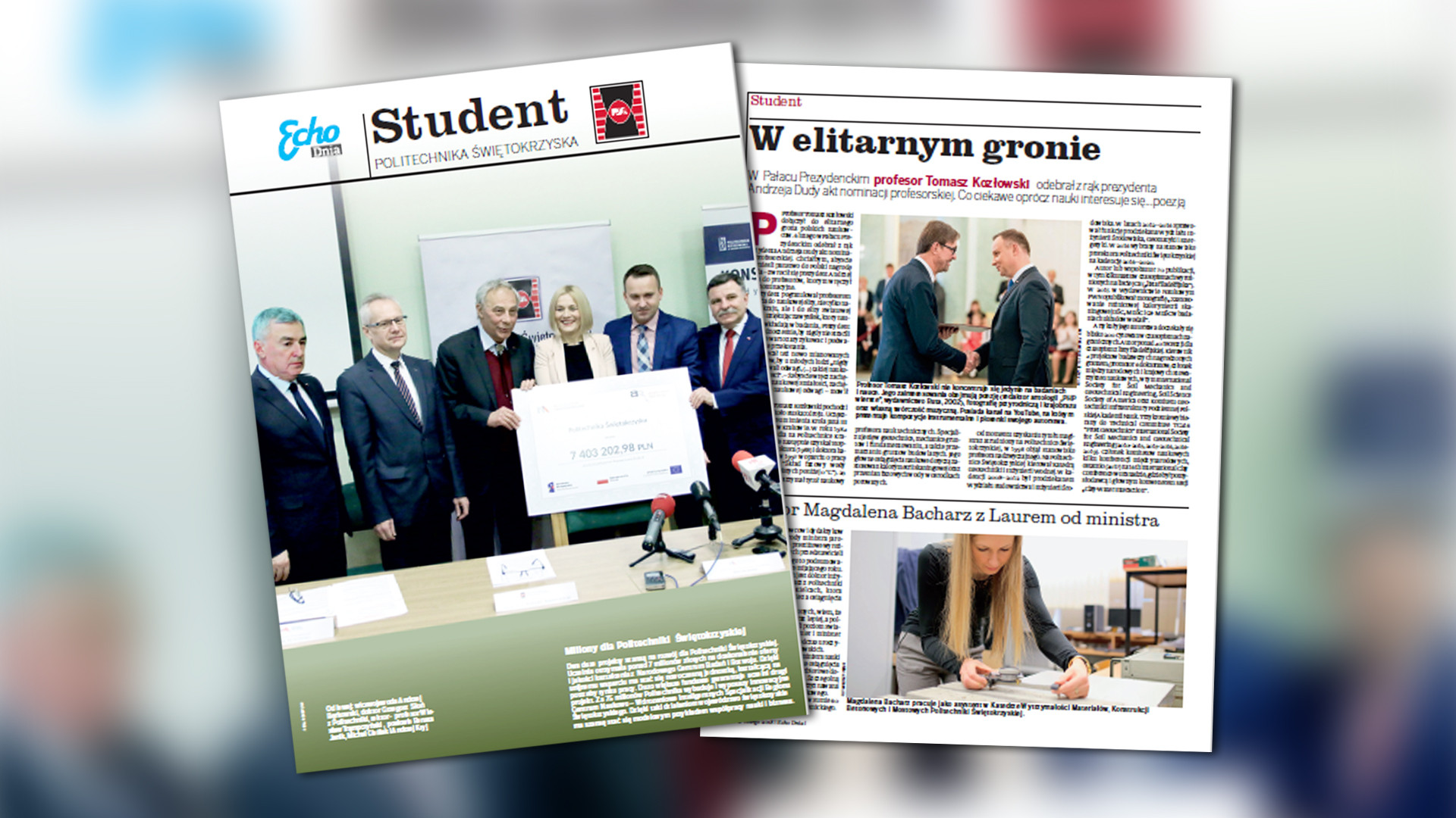 Grupa osób pozuje z czekiem. W tle artykuł o Politechnice Świętokrzyskiej. Kluczowe obiekty: ludzie, czek, gazeta.