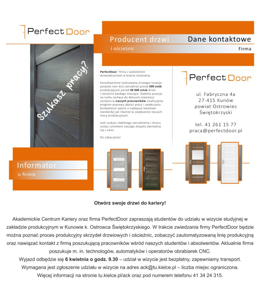 Perfect Door zaprasza na wizytę studyjną. Kluczowe obiekty: drzwi, logo firmy, dane kontaktowe. Kontekst: rekrutacja.