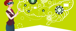 Grafika promuje program mentoringowy "Lean in STEM". Kluczowe obiekty: kobieta w goglach VR, schemat mózgu, ikony.