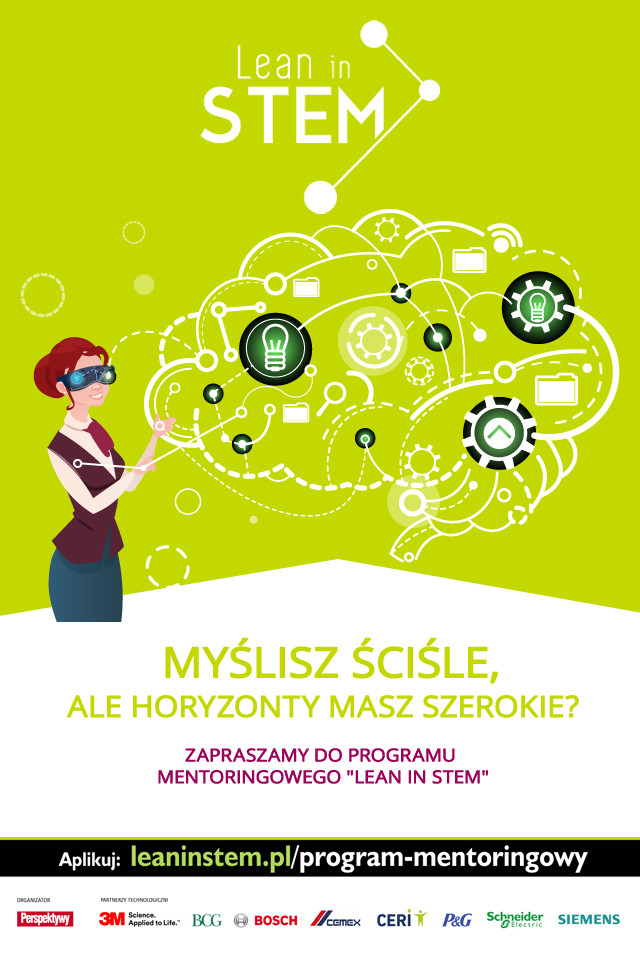 Grafika promuje program mentoringowy "Lean in STEM". Kluczowe obiekty: kobieta w goglach VR, schemat mózgu, ikony.