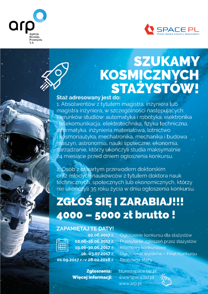 Plakat informuje o rekrutacji na kosmiczne staże. Kluczowe obiekty: astronauta, rakieta, logo SPACE PL.