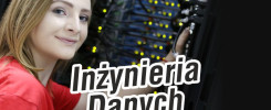 Kobieta w czerwonej koszulce przy serwerach. Napis "Inżynieria Danych". Kontekst: IT, technologia.