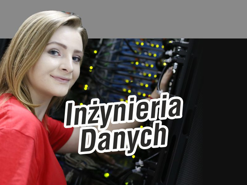 Kobieta w czerwonej koszulce przy serwerach. Napis "Inżynieria Danych". Kontekst: IT, technologia.